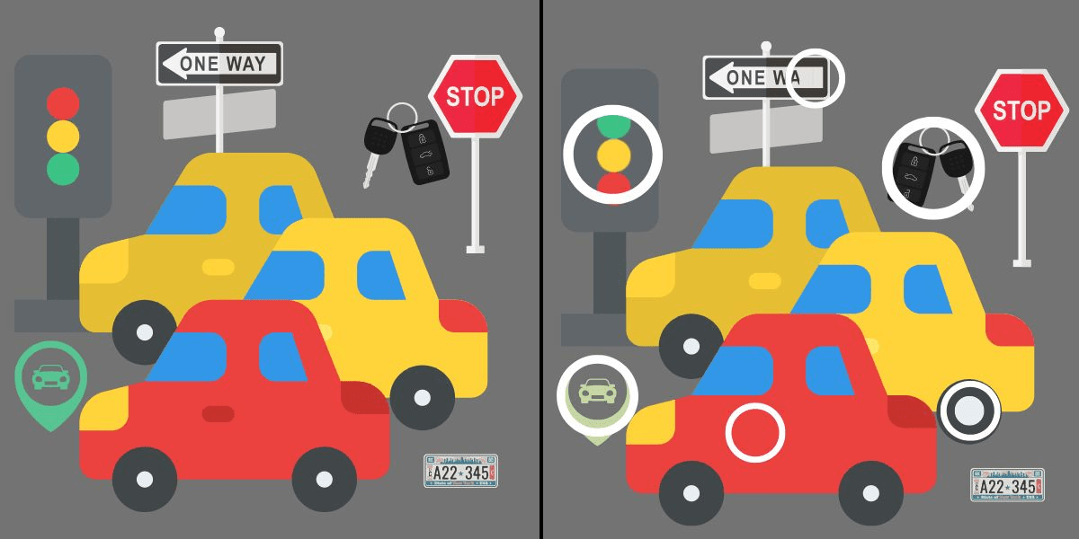 Ontdek de verschillen-uitdaging: verbeter je observatievaardigheden met deze autoscène met een hoog octaangehalte! vind 6 aanpassingen in minder dan 11 seconden!