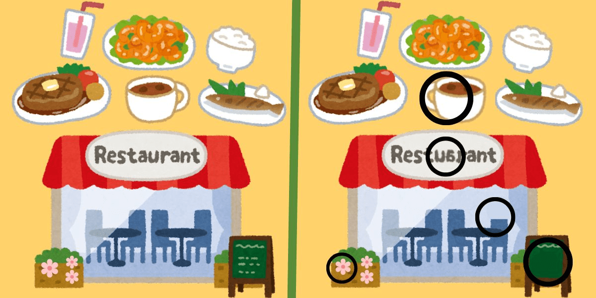 Ontdek de verschillen-uitdaging: geniet van deze bruisende restaurantscène en vind 5 subtiele veranderingen in minder dan 10 seconden!